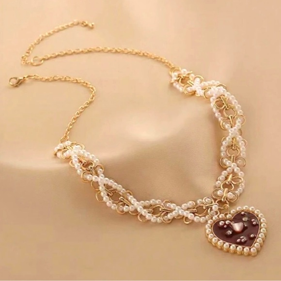 “Red Heart Sea of Pearls” Flake Shard Float Drift Love Romance Ocean Necklace - Picture 16 of 16